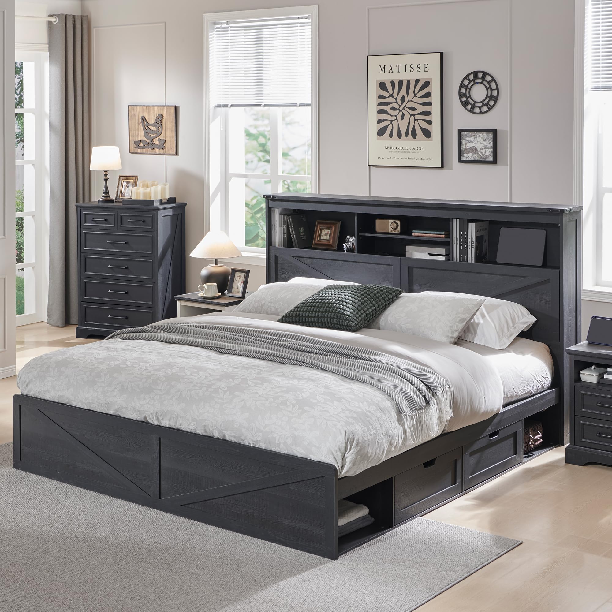 King Size Bed Frame With Storage Drawers - إطار سرير كبير الحجم بتصميم ريفي،