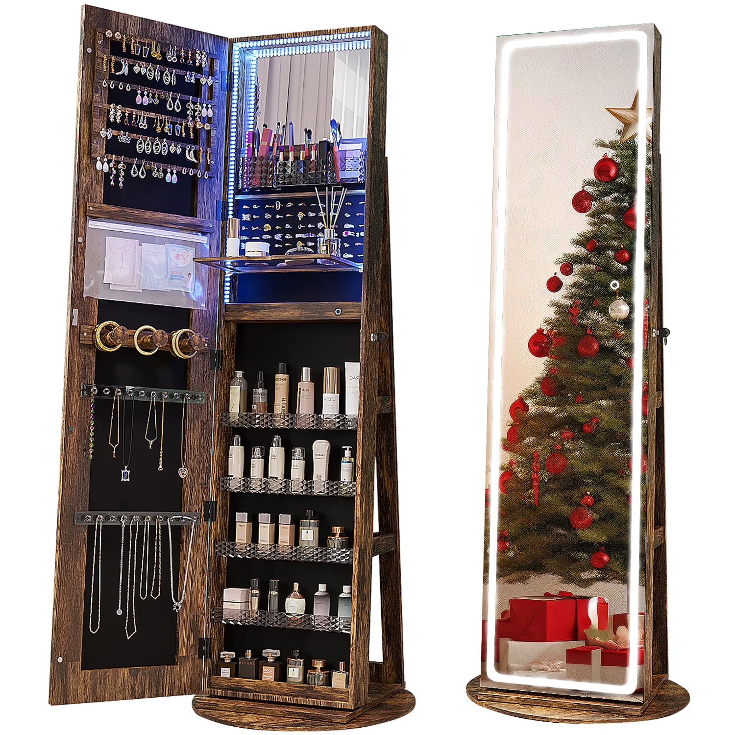 Full Length Mirror Jewelry Armoire - خزانة مجوهرات بمرآة LED دوارة، مرآة